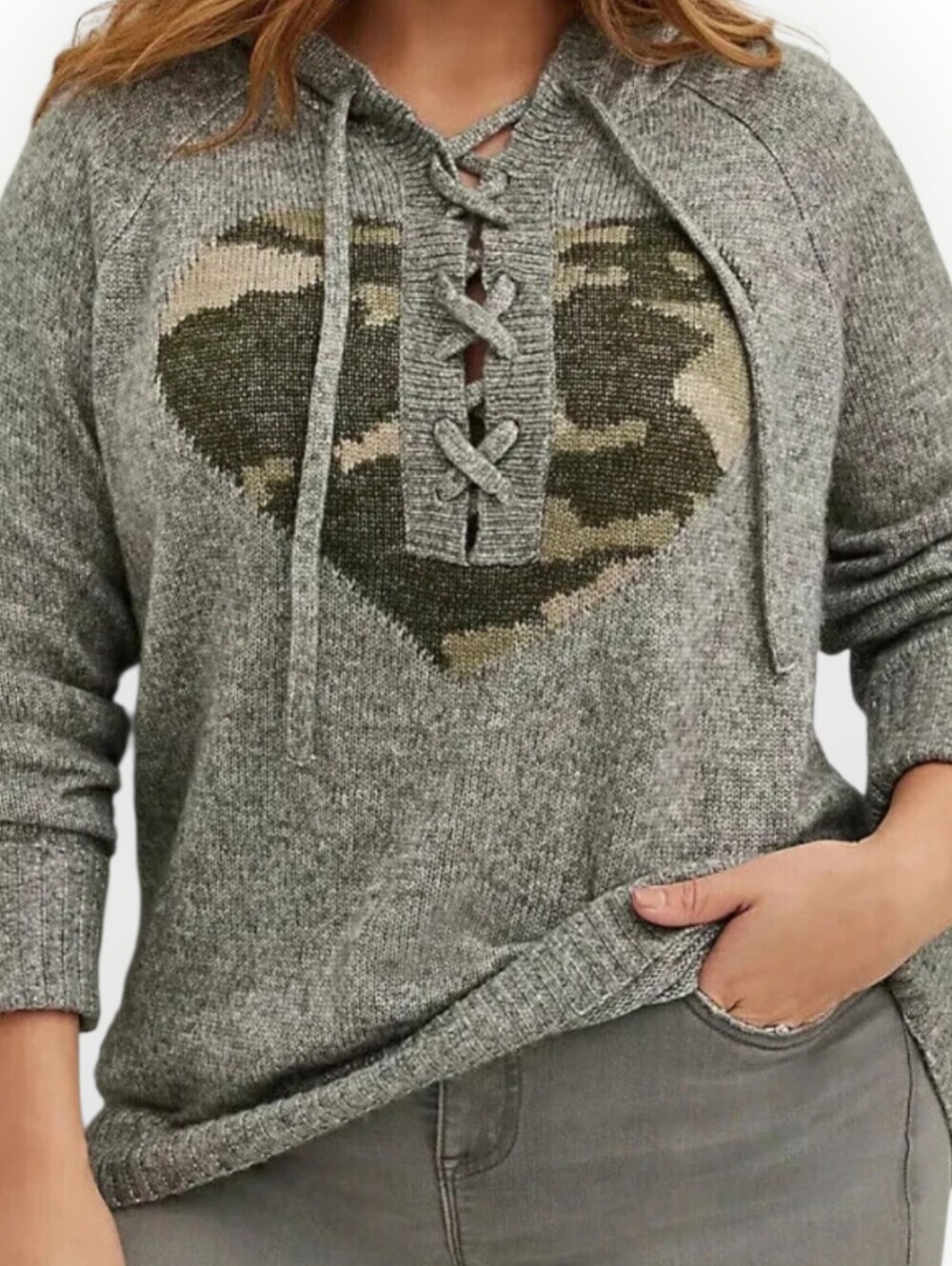 Torrid ) oversized Lace-Up Hoodie Sweater with Camo Heart - Gray/Olive